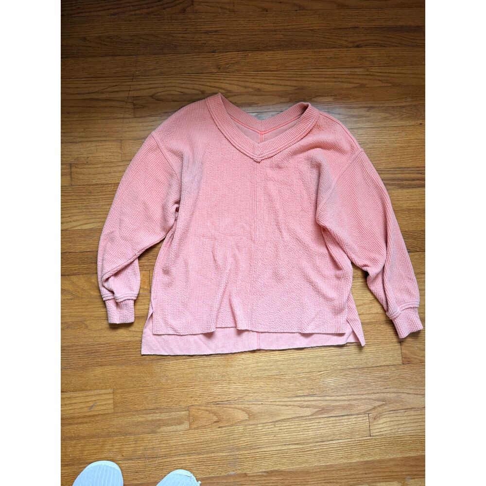 Aerie Oversized Textured Sweatshirt XS Pink V Neck Pullover Side Slit